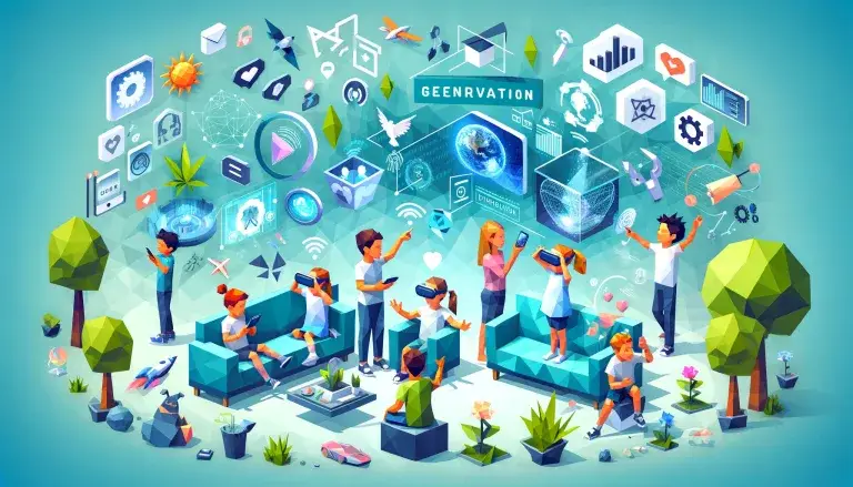 Illustration of future trends and Generation Alpha marketing evolution in low poly art style, with children engaging with emerging technologies and marketing channels, innovation, digitalization, and sustainability icons, on a light blue background.