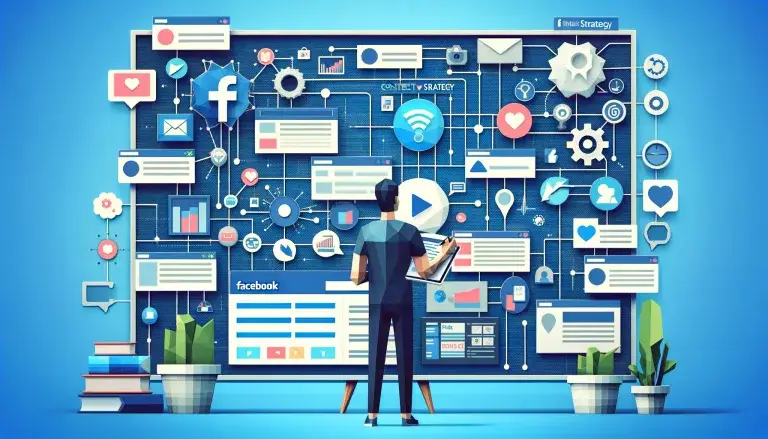 Illustration of building a Facebook content strategy for marketers in low poly art style, with a person brainstorming content ideas on a digital board, connected to devices, organizing with a tablet, on a light blue background.