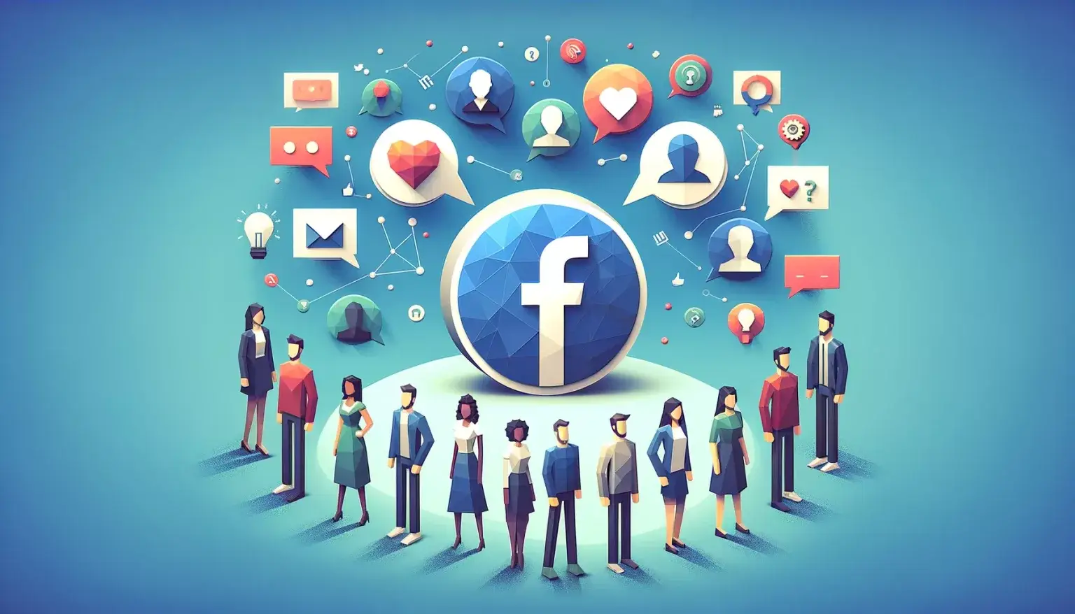 Illustration of leveraging Facebook groups in low poly art style, with diverse figures standing in a circle around a Facebook logo, and speech bubbles with icons for support, questions, and ideas, on a light blue background.
