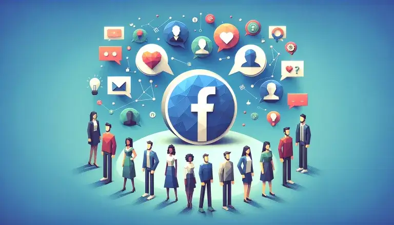 Illustration of leveraging Facebook groups in low poly art style, with diverse figures standing in a circle around a Facebook logo, and speech bubbles with icons for support, questions, and ideas, on a light blue background.