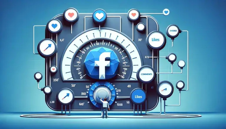 Illustration of optimizing for maximum Facebook engagement in low poly art style, with a person adjusting dials on a control panel with engagement metrics, connected to a Facebook icon, on a light blue background.
