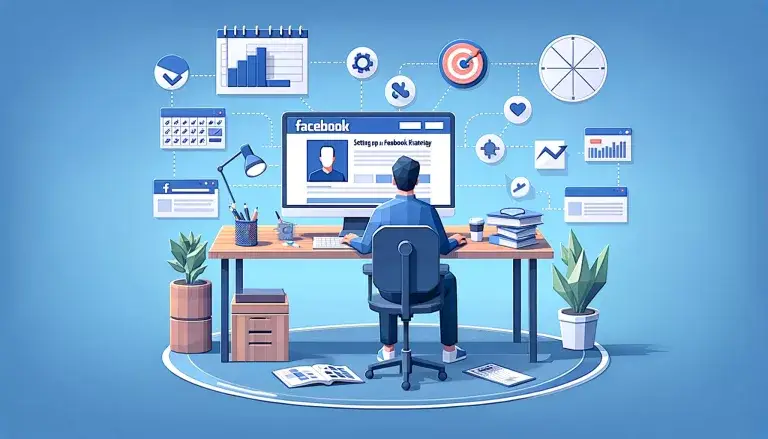 Illustration of setting up a Facebook marketing strategy in low poly art style, with a person at a desk, computer displaying a Facebook page, and surrounding marketing tools including a calendar, checklist, target, and graph, on a light blue background.