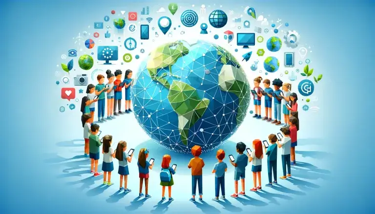 Illustration of the Generation Alpha world view in low poly art style, with diverse children holding smartphones and tablets around a globe, technology, sustainability, diversity, and global connectivity icons, on a light blue background.