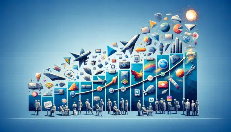 Illustration in a low poly art style showcasing the evolution of corporate branding, with a timeline highlighting the transition from classic logos and slogans to contemporary digital and social media branding, set against a light blue background in a wide format.