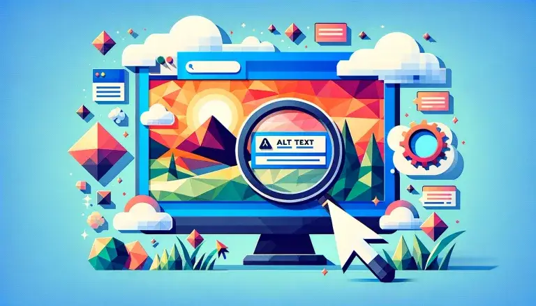 Conceptual low poly art depiction of alt text usage in Google Image Search, featuring a digital image with overlaying alt text on a light blue background, highlighting web accessibility.