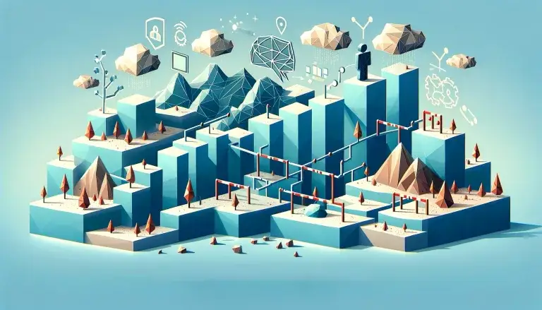Representation of challenges in AI and ChatGPT integration for market segmentation, depicting hurdles and barriers in a low poly art style with a light blue background.