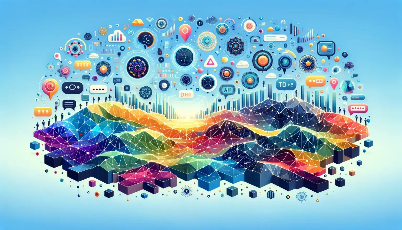 Abstract representation of market segmentation being enhanced by AI and ChatGPT, depicted in low poly art style with light blue background.