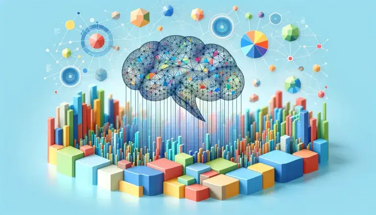 Abstract digital landscape of AI-driven market segmentation, portrayed in low poly art style. Distinct market segments are intricately connected and analyzed by AI, symbolized by neural networks and digital nodes, set against a tranquil light blue background, highlighting the innovative and analytical prowess of AI in modern marketing.