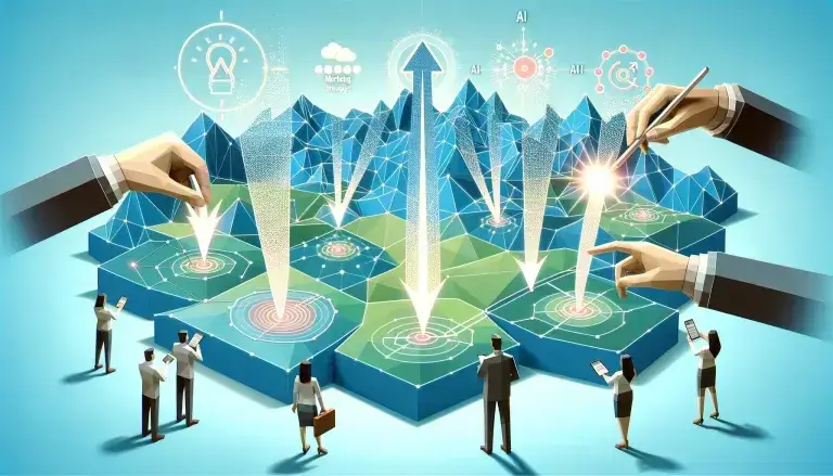 Image representing the customization of marketing strategies using AI-driven insights, with precision tools targeting market segments, in a low poly art style.