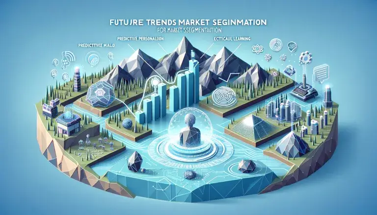 Futuristic landscape representing the evolution of market segmentation with AI and ChatGPT, highlighting predictive personalization and ethical AI in a low poly art style.