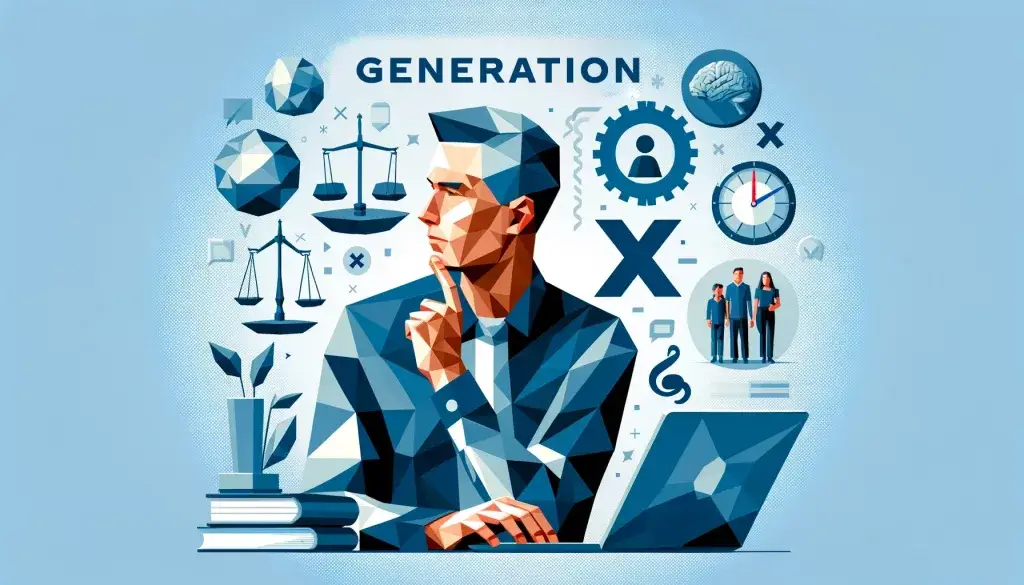 Low poly art illustration of a Generation X individual in a thoughtful pose, surrounded by a laptop, balance scale, and family photo against a light blue background, symbolizing the generation's adaptability, independence, and dedication to balancing work, life, and family.