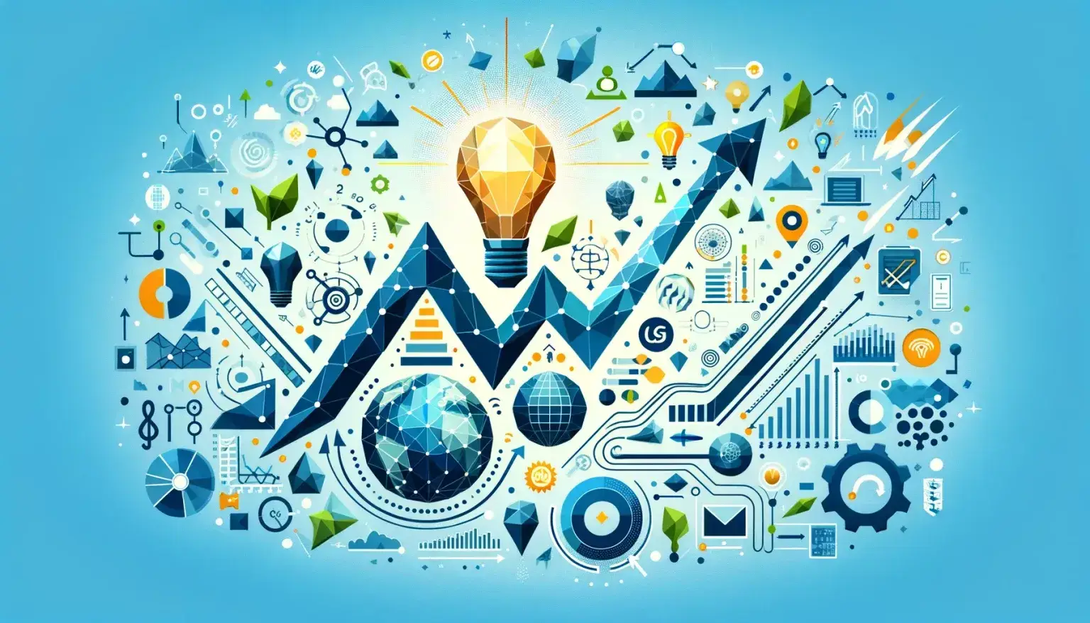 Low poly art image with dynamic shapes, interconnected nodes, and symbols like a globe, light bulb, and green leaf, representing the evolving trends in top brands.