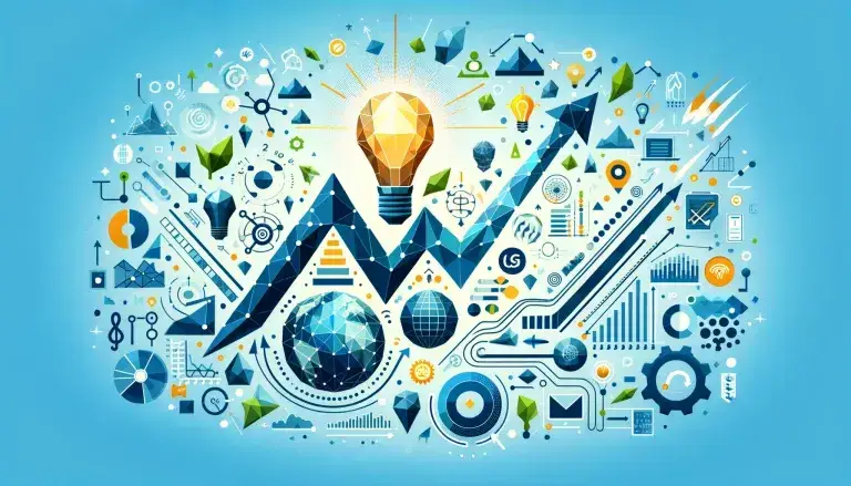 Low poly art image with dynamic shapes, interconnected nodes, and symbols like a globe, light bulb, and green leaf, representing the evolving trends in top brands.