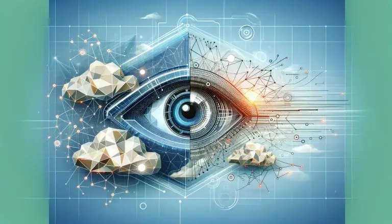 Low poly art image with a digital eye, interconnected lines and dots, and abstract shapes, representing the advanced technology and innovation in the future of brand recognition.