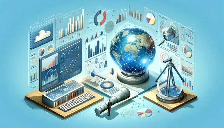 image vividly captures the essence of "Real-Time and Predictive Analytics" in the realm of digital marketing. It features a marketer in front of a futuristic dashboard filled with graphs, charts, and data streams that represent the pulse of real-time analytics.