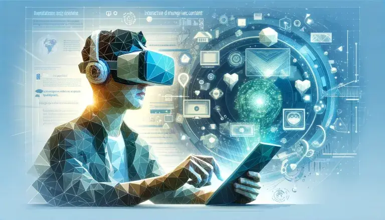 Person using AR glasses to interact with virtual elements in a light blue background, illustrating the engagement of interactive and immersive content.