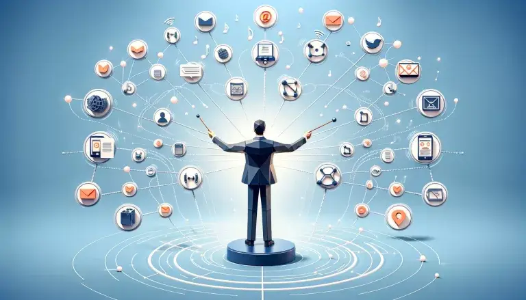 The image created vividly illustrates the concept of "Cross-Channel Marketing Integration" within a digital marketing framework. It showcases a marketer, akin to a conductor, orchestrating a symphony of various marketing channels