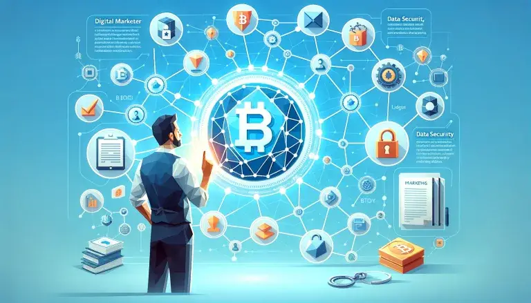 The image created brings to life the transformative impact of blockchain technology on marketing in 2024. It depicts a digital marketer analyzing a vivid representation of a blockchain network, characterized by interconnected blocks and nodes that symbolize the core principles of transparency, data security, and decentralization