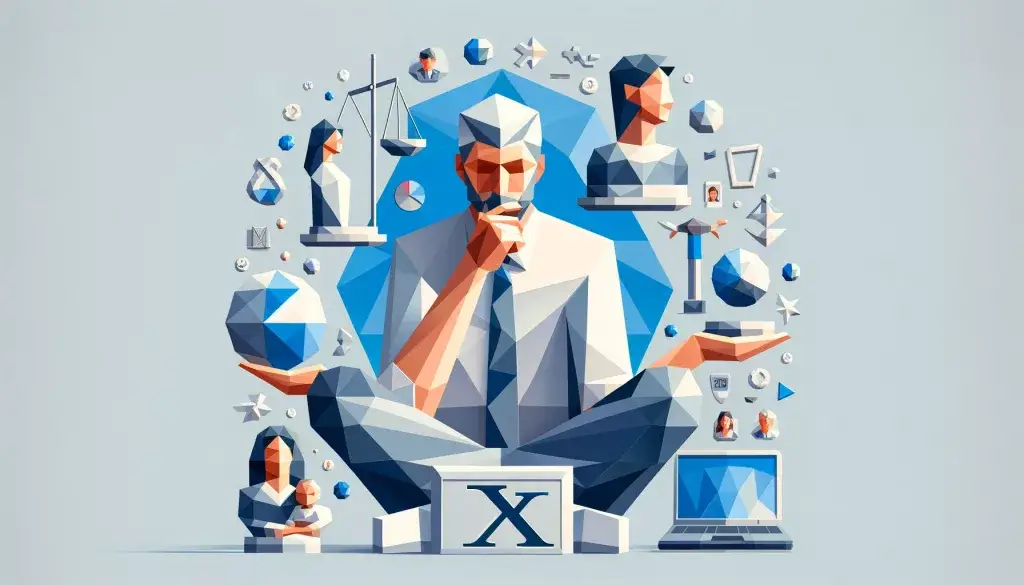 Low poly art illustration depicting a contemplative Generation X individual with symbolic elements including a laptop for digital adaptability, a balance scale symbolizing work-life balance, and a family photo representing strong family values, all set against a soothing light blue background.