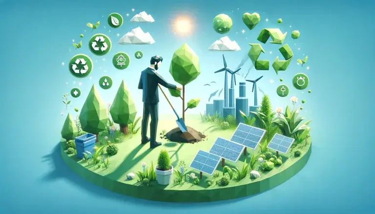 Marketer planting a tree in a green garden with eco-friendly and ethical symbols, against a light blue background.