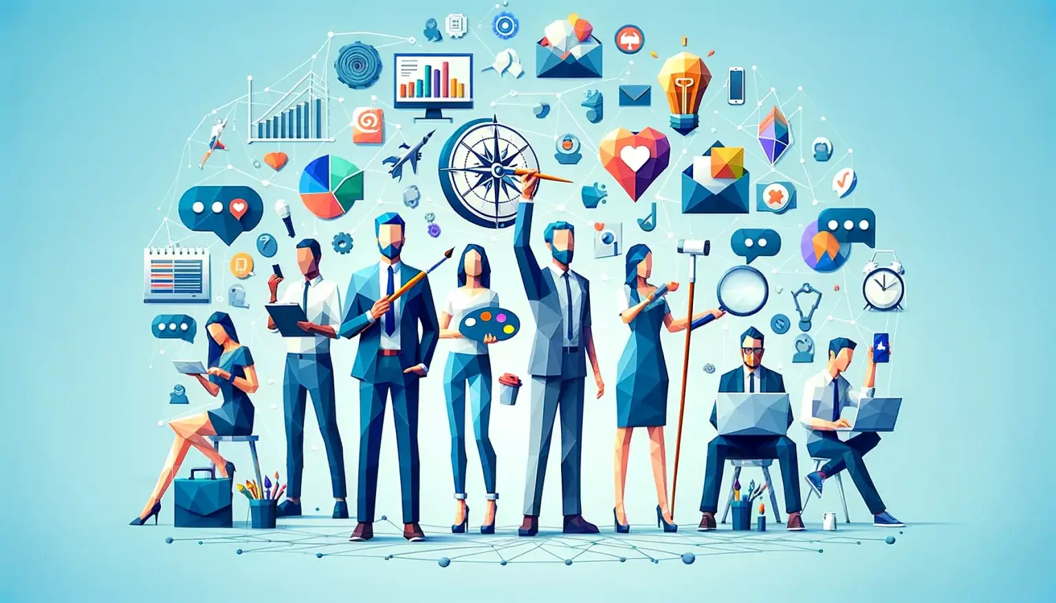 How To Build the Perfect Marketing Team Structure. Essential marketing team roles depicted in low poly art, showcasing a strategist, creative, digital marketer, data analyst, community manager, and project manager interconnected by geometric lines against a light blue background.
