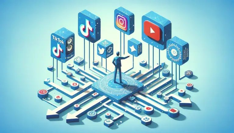 Illustration of a man on a platform directing social media strategy with connected icons like YouTube, Instagram, and TikTok.