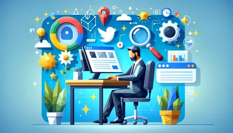 Low poly art depiction of an individual using optimization tools on a computer for Google Image Search, set against a friendly light blue background, highlighting the strategy behind image SEO.
