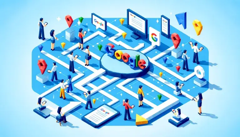 Low poly art depiction of people using digital devices for Google searches, with arrows guiding towards a centralized theme, against a light blue background, symbolizing the flow of search traffic.