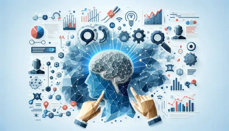 Illustration of data collection and analysis in market segmentation, showing AI and ChatGPT processing data streams into clear market segments, in a low poly art style.