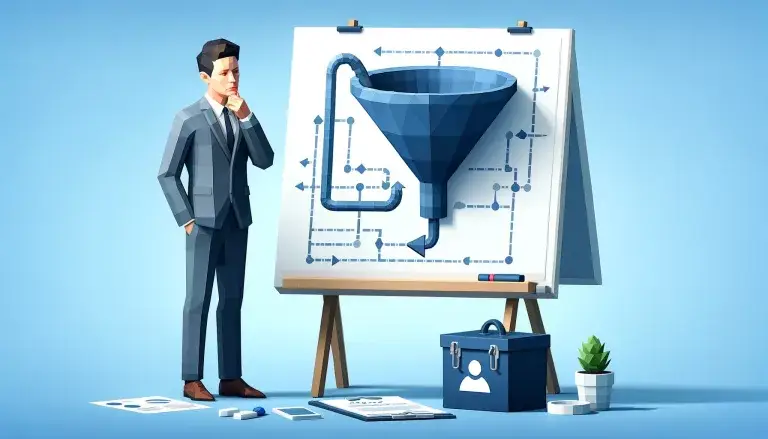 Marketer contemplating an upside-down funnel on a whiteboard in a low poly art scene, reflecting the focus on customer relationships in marketing.