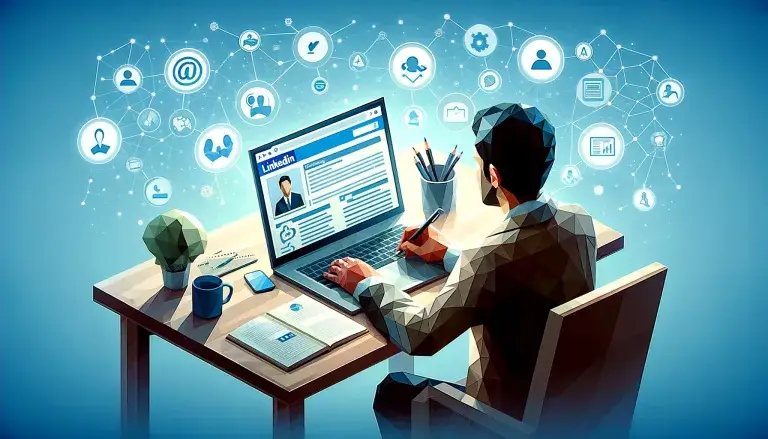 Cover image for an article on 'The Beginner's Guide to LinkedIn Marketing' in low poly art style, with a person sitting at a desk with a laptop showing a LinkedIn profile, and icons for networking, content creation, and analytics, on a light blue background.