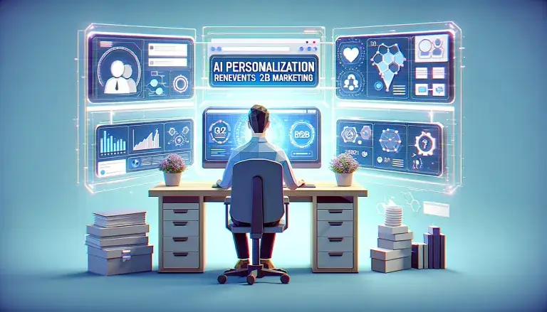 Low poly art image of a person at a futuristic workstation with screens showing data analytics and personalized marketing campaigns, representing AI personalization in B2B marketing.