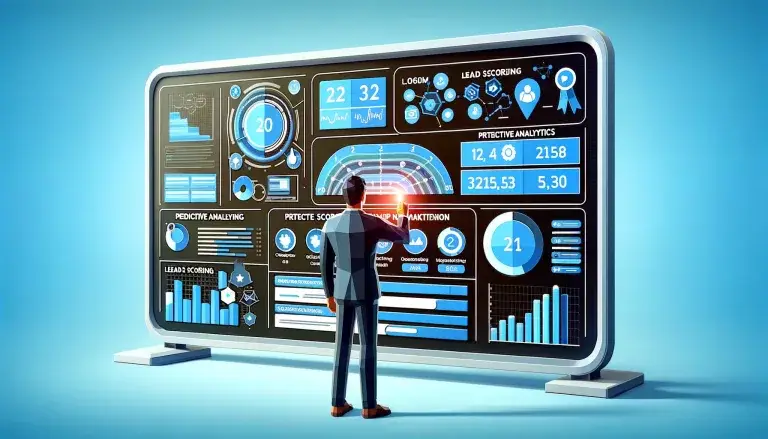 Low poly art image of a marketer analyzing a digital dashboard with metrics and scores for lead scoring, highlighting the use of predictive analytics in modern marketing.