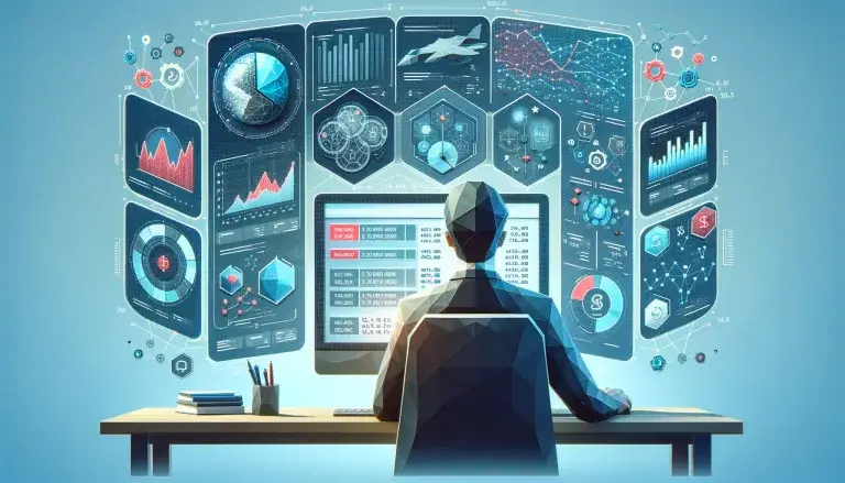 Low poly art image of a business professional at a computer with data visualizations representing dynamic pricing strategies, emphasizing a data-driven approach to real-time pricing adjustments.
