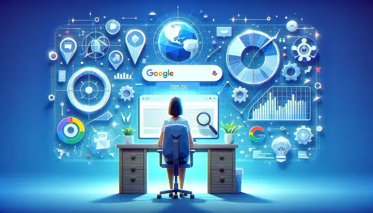 Low poly art scene showing a marketer studying Google's 2024 Core Update through SEO symbols and trend charts on a screen, depicting the dynamic adaptation in digital marketing strategies, against a light blue background.