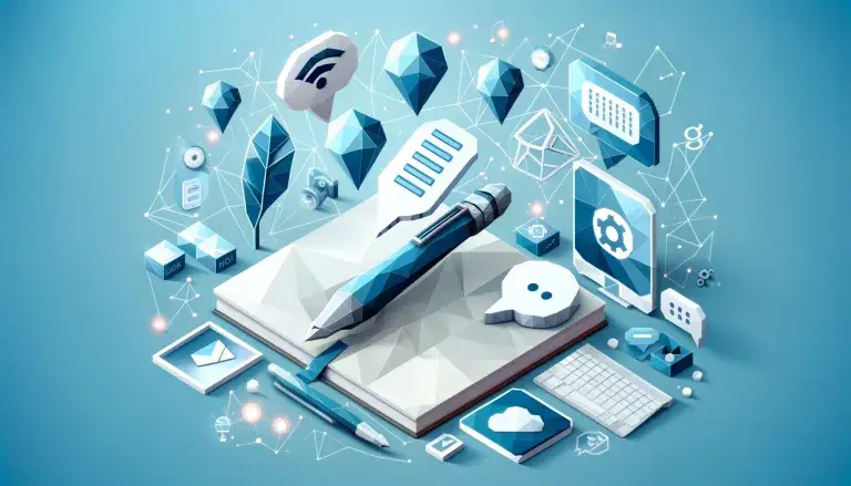 Low poly art representation of blogging elements including a digital pen, notebook, and communication icons on a light blue background, symbolizing the essence of digital storytelling and information sharing.