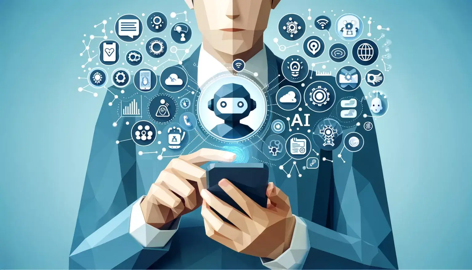 Top 10 Uses of AI in Mobile Marketing. Low poly art image of a person holding a smartphone with AI-related icons, representing the use of artificial intelligence in mobile marketing.