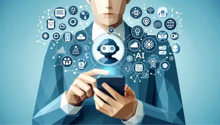 Low poly art image of a person holding a smartphone with AI-related icons, representing the use of artificial intelligence in mobile marketing.