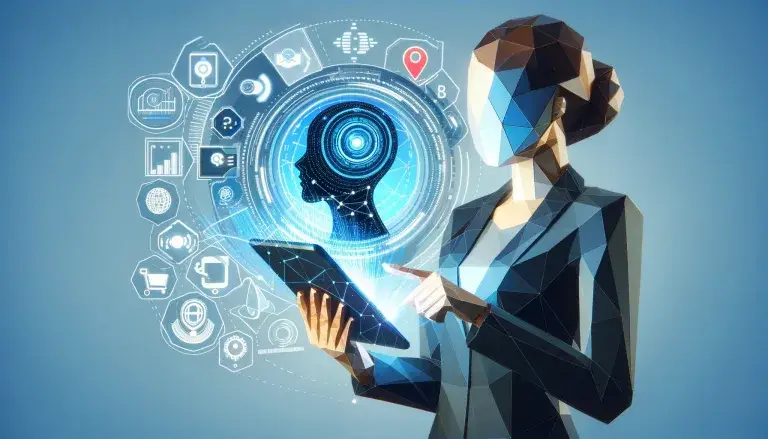 Low poly art image of a person using a tablet with holographic projections of AI applications, representing innovative use cases in mobile marketing.