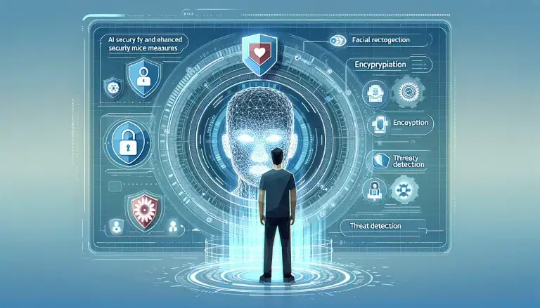 Low poly art image of a person standing in front of a virtual security interface with AI-powered icons, representing the enhancement of security measures through artificial intelligence.