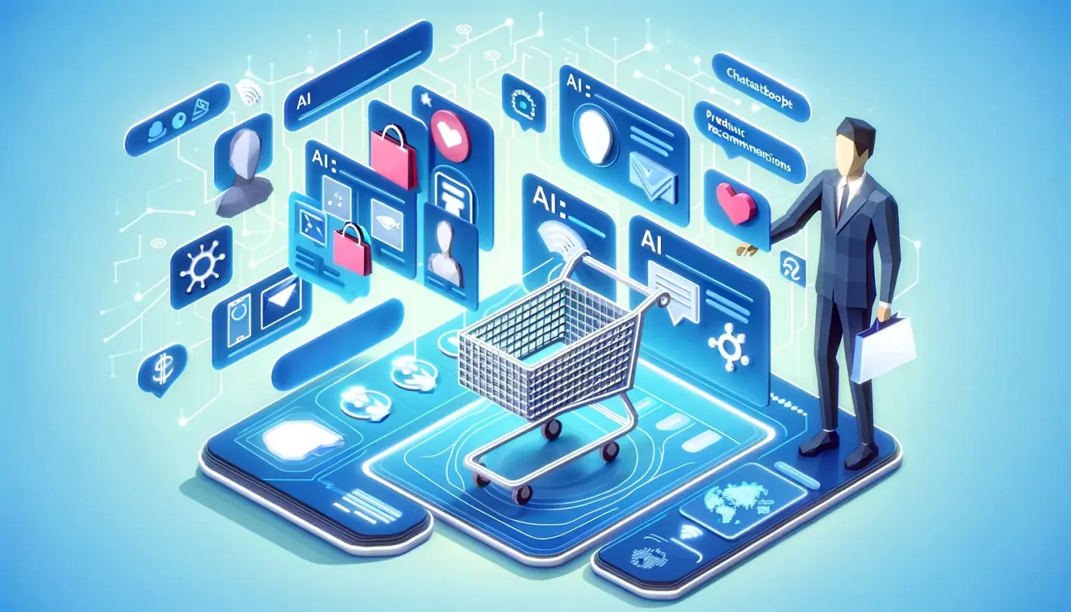 AI in E-commerce: Enhancing Online Shopping Experiences. Low poly art image of a person interacting with a virtual shopping interface with AI-powered elements, representing the enhancement of online shopping experiences in e-commerce.