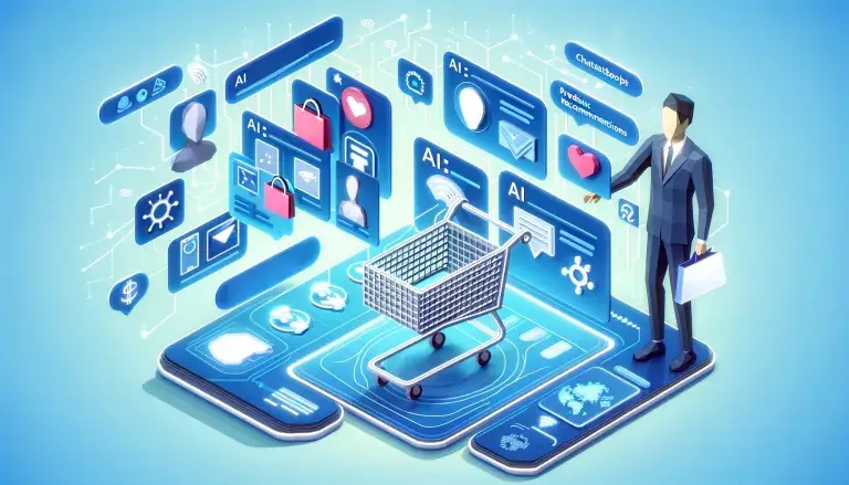 Low poly art image of a person interacting with a virtual shopping interface with AI-powered elements, representing the enhancement of online shopping experiences in e-commerce.
