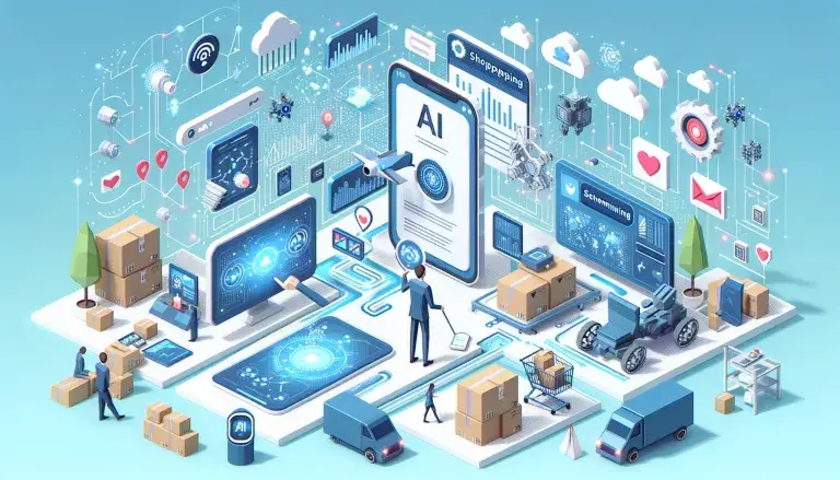Low poly art image of a person interacting with AI-powered elements in a futuristic e-commerce landscape, representing AI's role in the future of e-commerce.