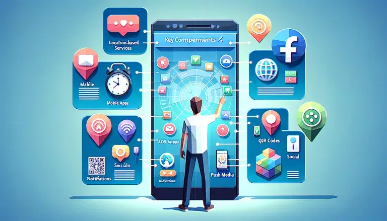 Low poly art image of a person pointing to key components of mobile marketing on a large mobile phone display, including location-based services, mobile apps, and QR codes