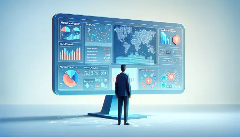 Low poly art image of a person analyzing data analytics, market trends, and consumer insights on a large virtual screen, representing the concept of market intelligence.