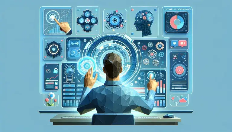 Low poly art image of a person interacting with a dashboard displaying tools and technologies in market intelligence, including data analytics software and AI algorithms.