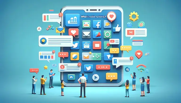 Low poly art image of a person interacting with a large smartphone screen displaying elements of mobile marketing, such as social media ads and SMS messages.