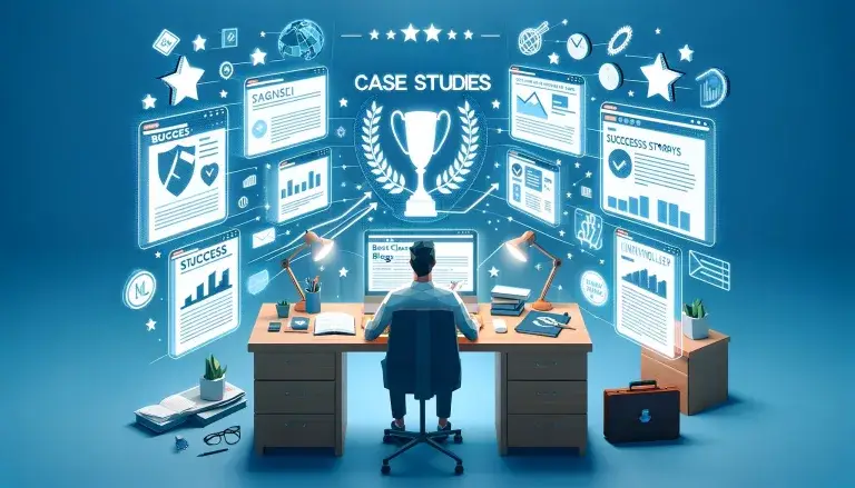 Low poly art of a person studying success stories of top blogs across themes like travel and technology, surrounded by symbols of achievement.