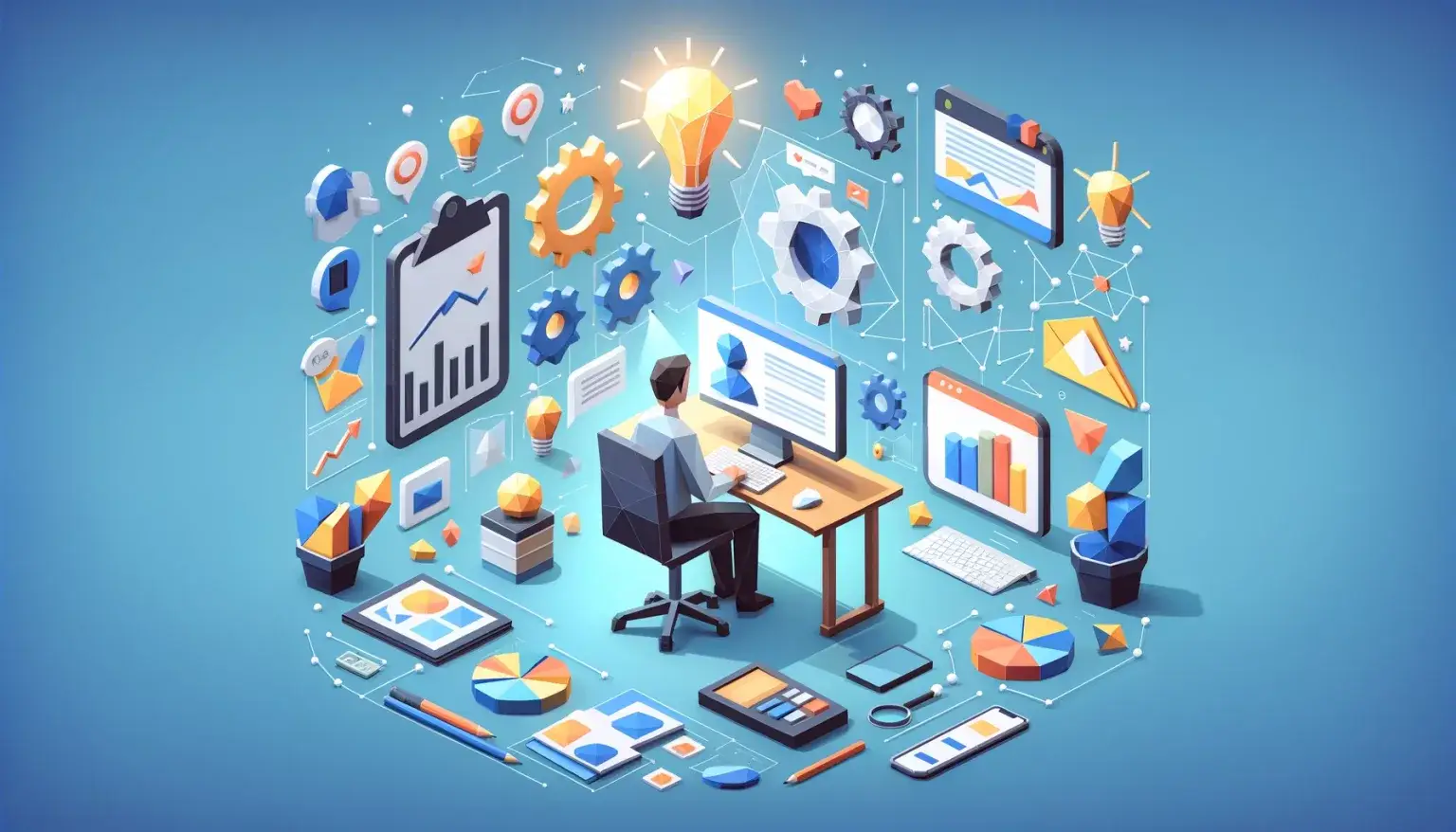 Pay-Per-Click Advertising: A Guide to PPC & How To Make It Work For You. Low poly art scene of a person reflecting on their PPC advertising experience at a desk with a computer, surrounded by creative and strategic symbols, highlighting personal insights and challenges in digital marketing.