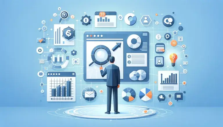 Low poly art scene of a person planning a PPC campaign with advertising icons and success charts, emphasizing strategic and creative planning in digital marketing, against a light blue background.